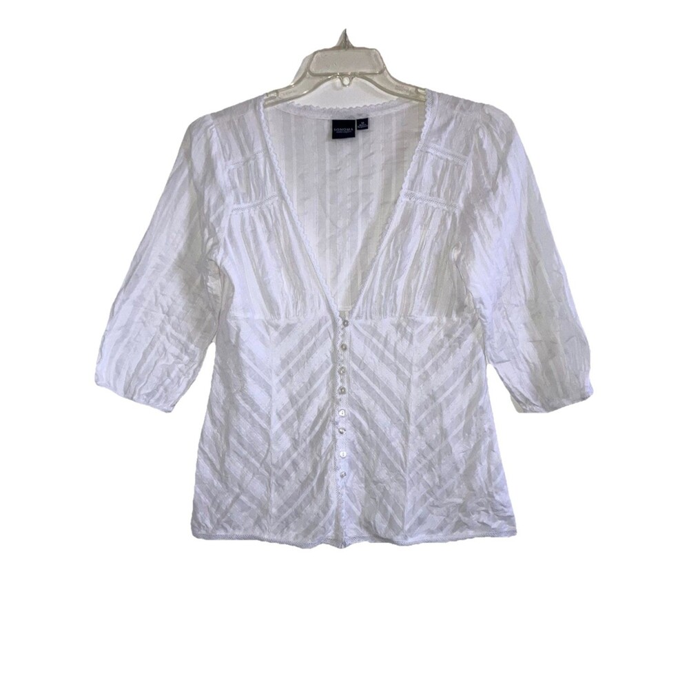 SONOMA M 100% Cotton Solid White Embroidered Peasant Top 3/4 Sleeve Scoop Neck